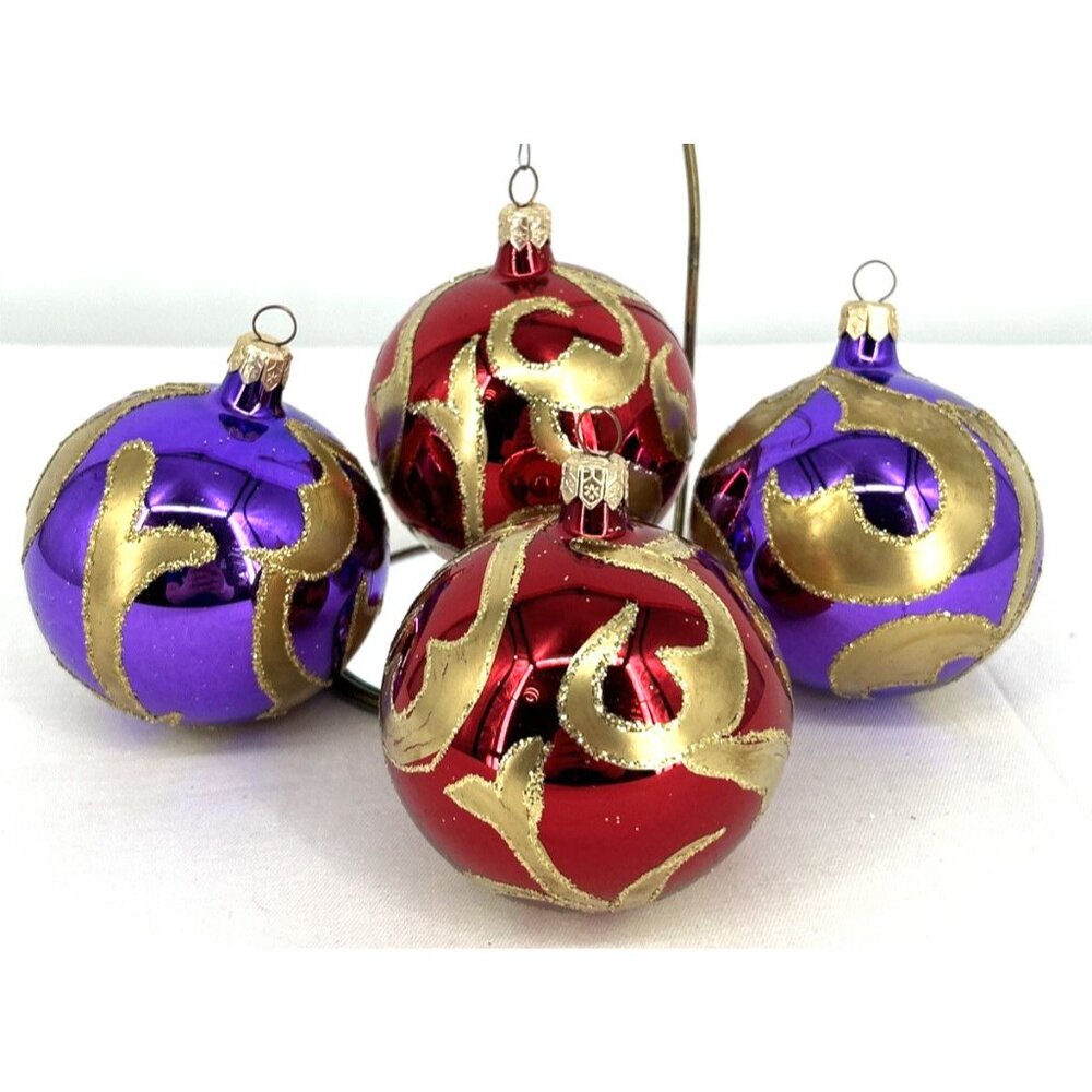 Poland Christmas Ornaments Round Purple Gold Red Swirl Glass 3" Lot of 4 Vtg